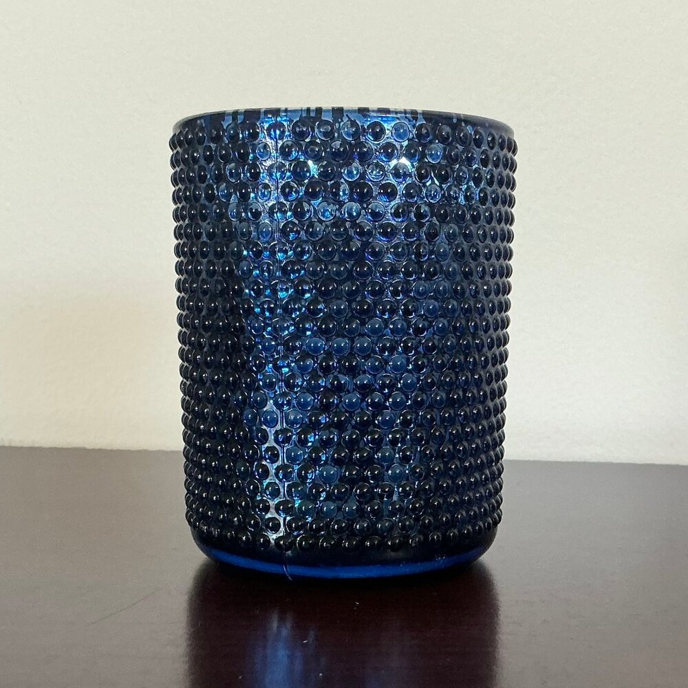 Cobalt Hobnail Glass Candle Holder with White Candle